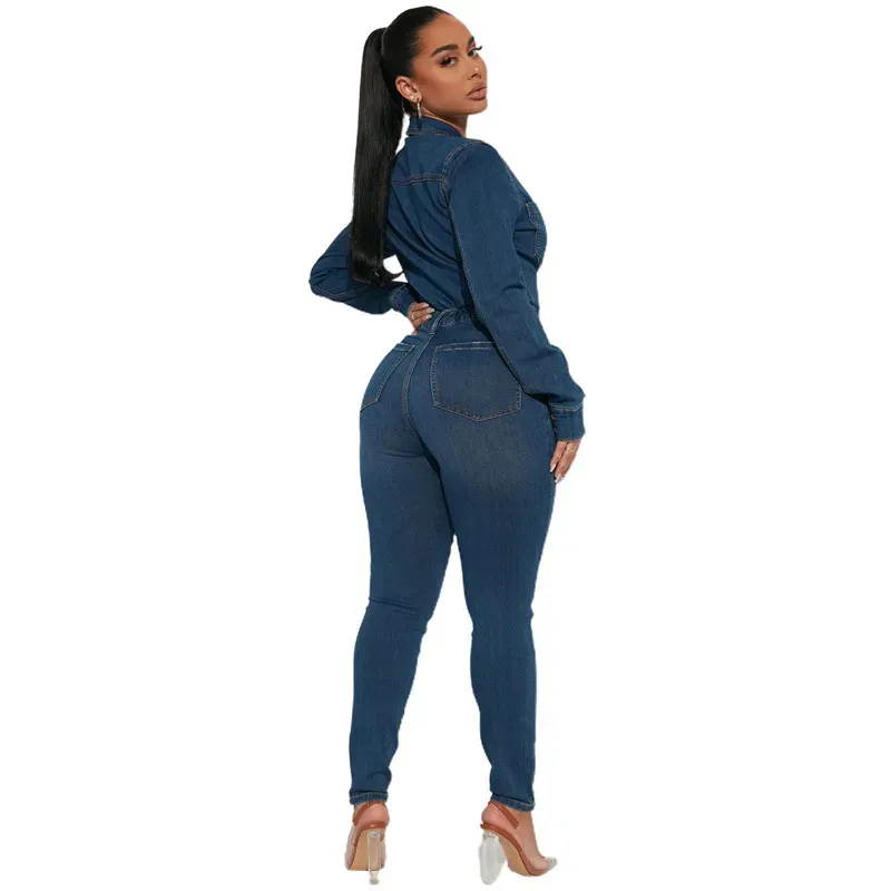 2024 Designer Fall Winter Denim Jumpsuits Women Long Sleeve Rompers Casual Turn-down Collar Jeans One Piece Overalls Street Wholesale Clothes 10408