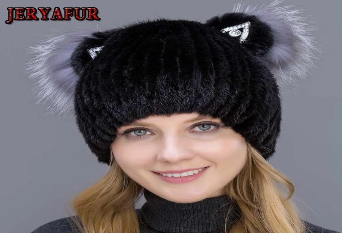 JERYAFUR Chapéu real para mulheres, chapéu de inverno com tecelagem vertical, chapéus fofos com orelhas de gato e pele5977068