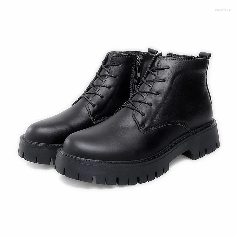 Bottes hommes authentique plate-forme en cuir pure pure hauteur de cheville augmentant décontractée plus grande taille 47 48 automne vache en peluche hivernale