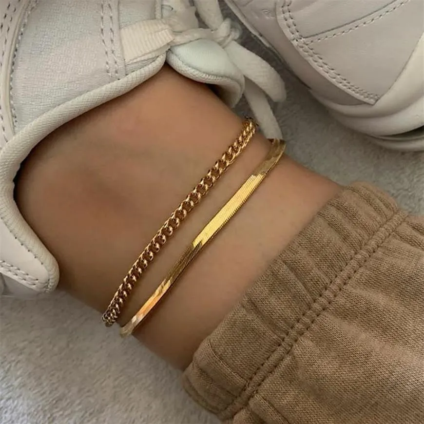 2020 Rose Gold Color Stainless Steel Snake Chain Anklet Female Korean Simple Retro foot bracelet beach accessories boho jewelry207K