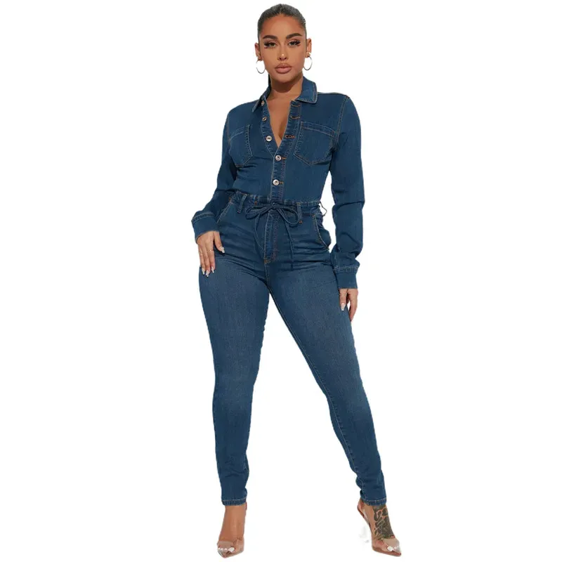 2024 Designer Fall Winter Denim Jumpsuits Women Long Sleeve Rompers Casual Turn-down Collar Jeans One Piece Overalls Street Wholesale Clothes 10408