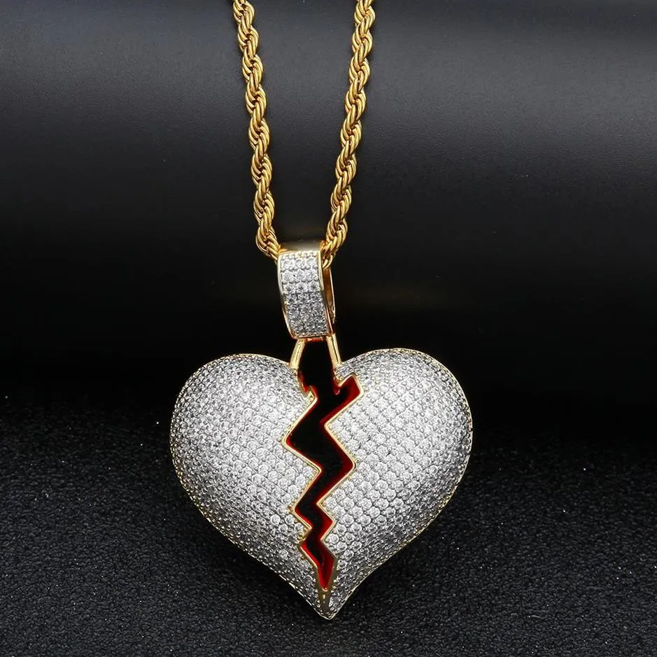 Iced out CZ Broken Love Heart pendant necklaces Bling Cubic zirconia Gold Silver charm ed chain For women men Rapper Hip Hop 334q
