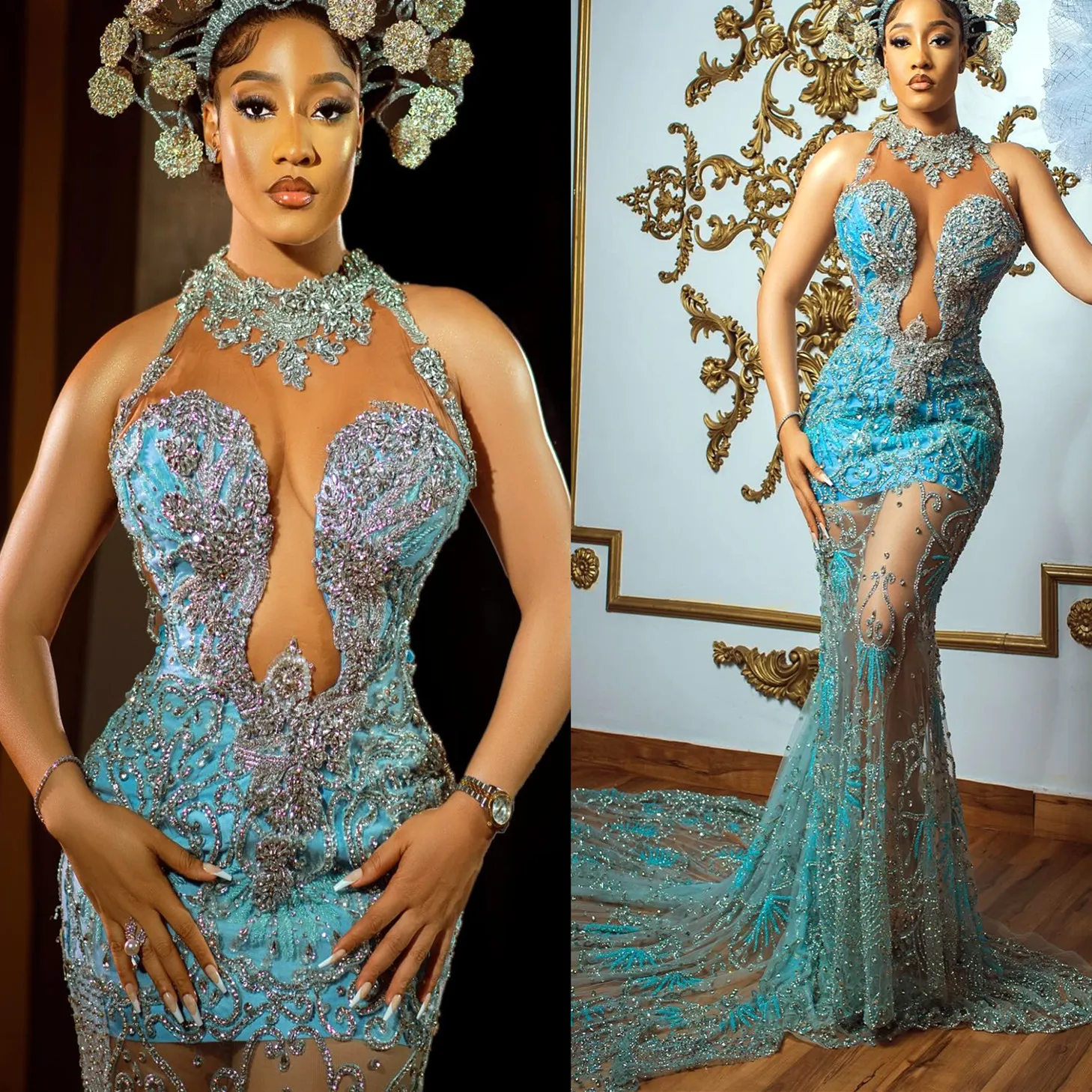 2024 ASO ebi Ice Blue Blue Mermaid Prom Dress Beaded Crystal