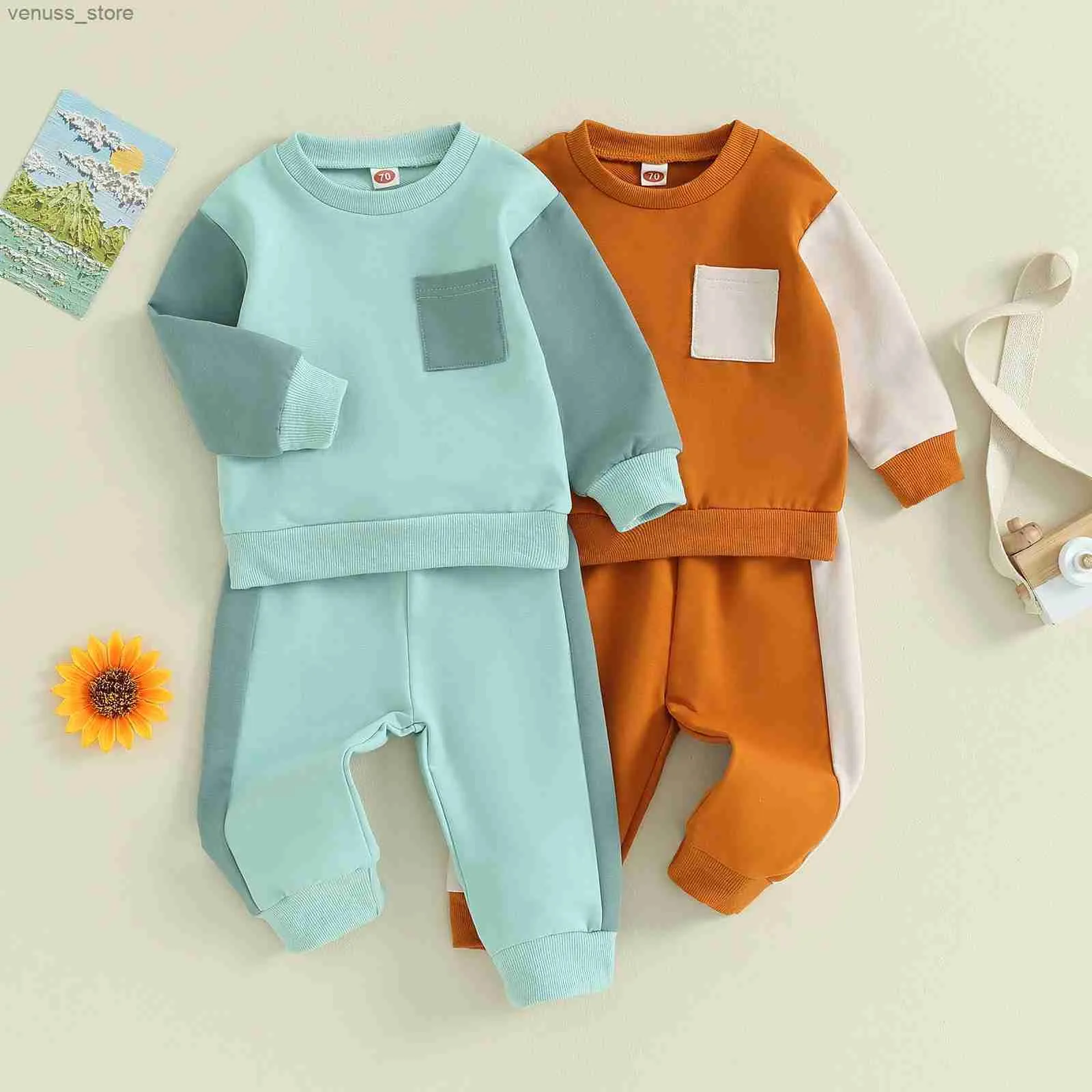 Roupas conjuntos de moda contraste colorido bebê meninos roupas de menina de inverno casual manga longa colarinho de pescoço de colar