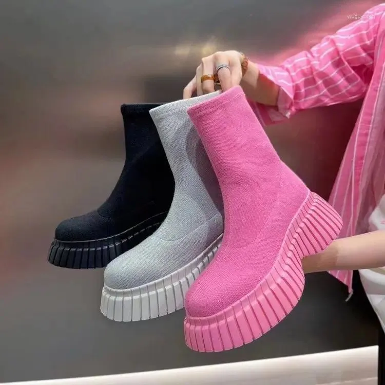 Kledingschoenen geweven elastische laarzen 2023 herfst winter dames dikke zolen roze medium lang multi-color gebreide gebreide zakken