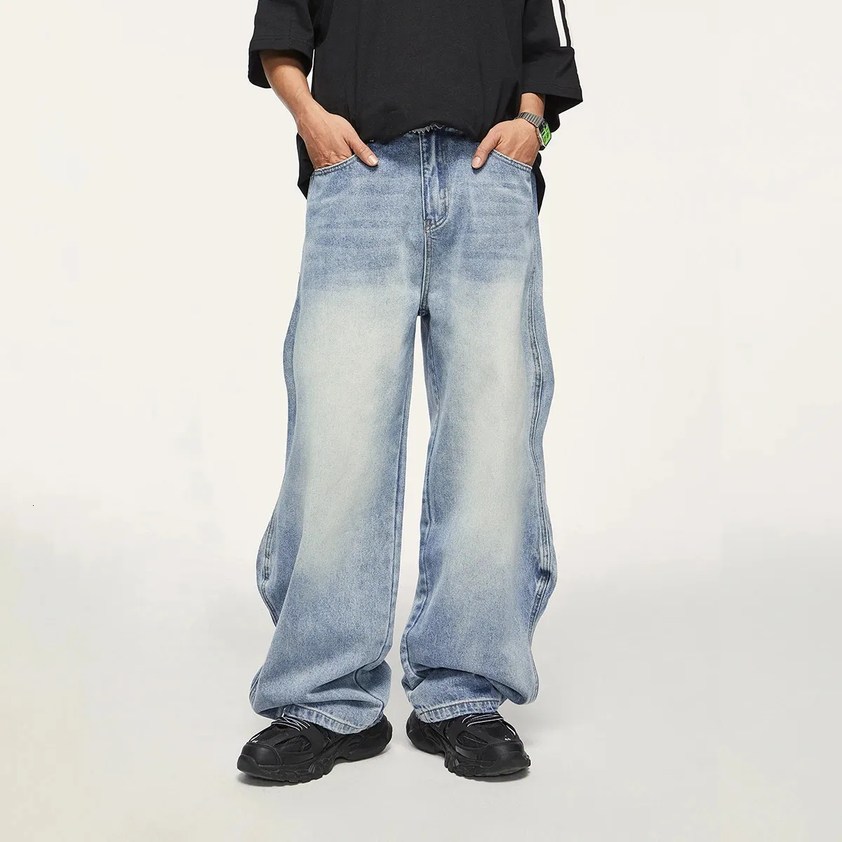 Inflationsmärke baggy bred ben pojkvän jeans unisex vintage tvättade blå denim byxor manliga byxor plus storlek 231222