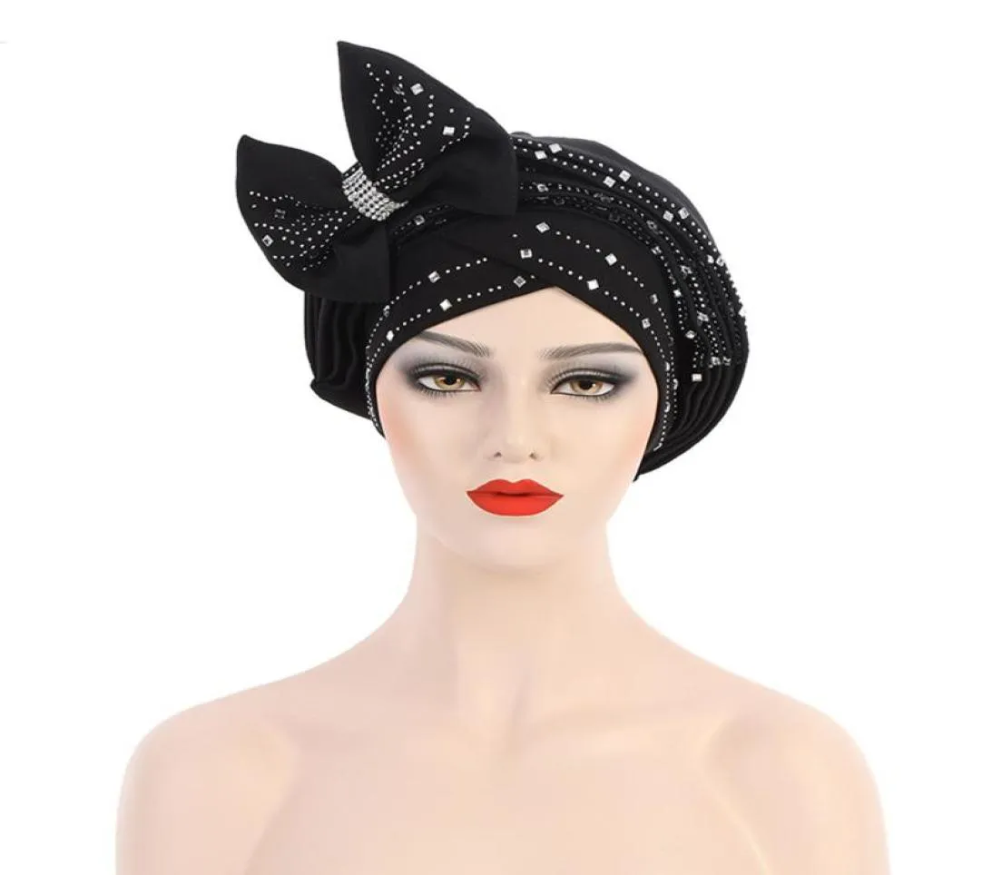 Berets Bowtie Turban Caps For Women Fashion African Headtie Nigerian Wedding Gele Muslim Headscarf Bonnet Female Head Wraps 2022B8779616