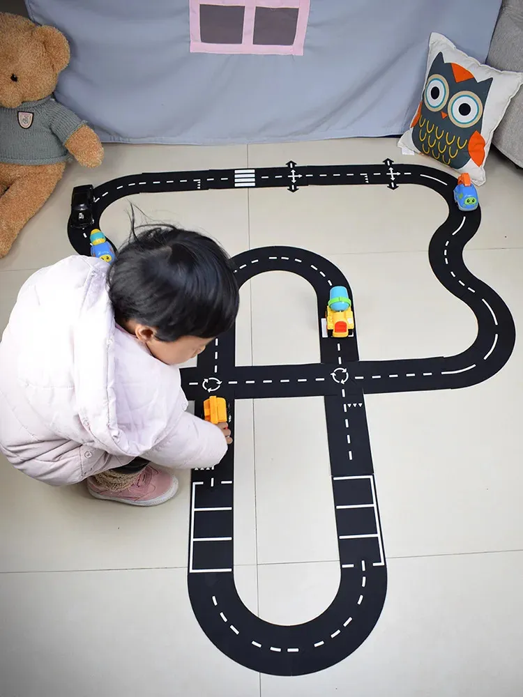 Children road building motorway toy car traffic roadway flexible PVC Puzzles Track Play Set DIY universal accessories game scene 231225