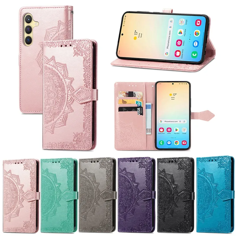 Étuis pour Samsung S24 Plus Ultra A15 A35 A55 A25 5G Xiaomi 14 Pro Redmi K70 K70E Huawei Honor 100 X50i X7B Portefeuille de fleurs en cuir avec empreinte en dentelle avec porte-cartes