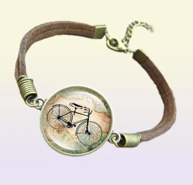 Mémoire d'enfance rétro vélo temps gemme bracelet à breloques couleur café en cuir véritable pour femmes hommes cadeau BangleBangle Bangle29174186499389