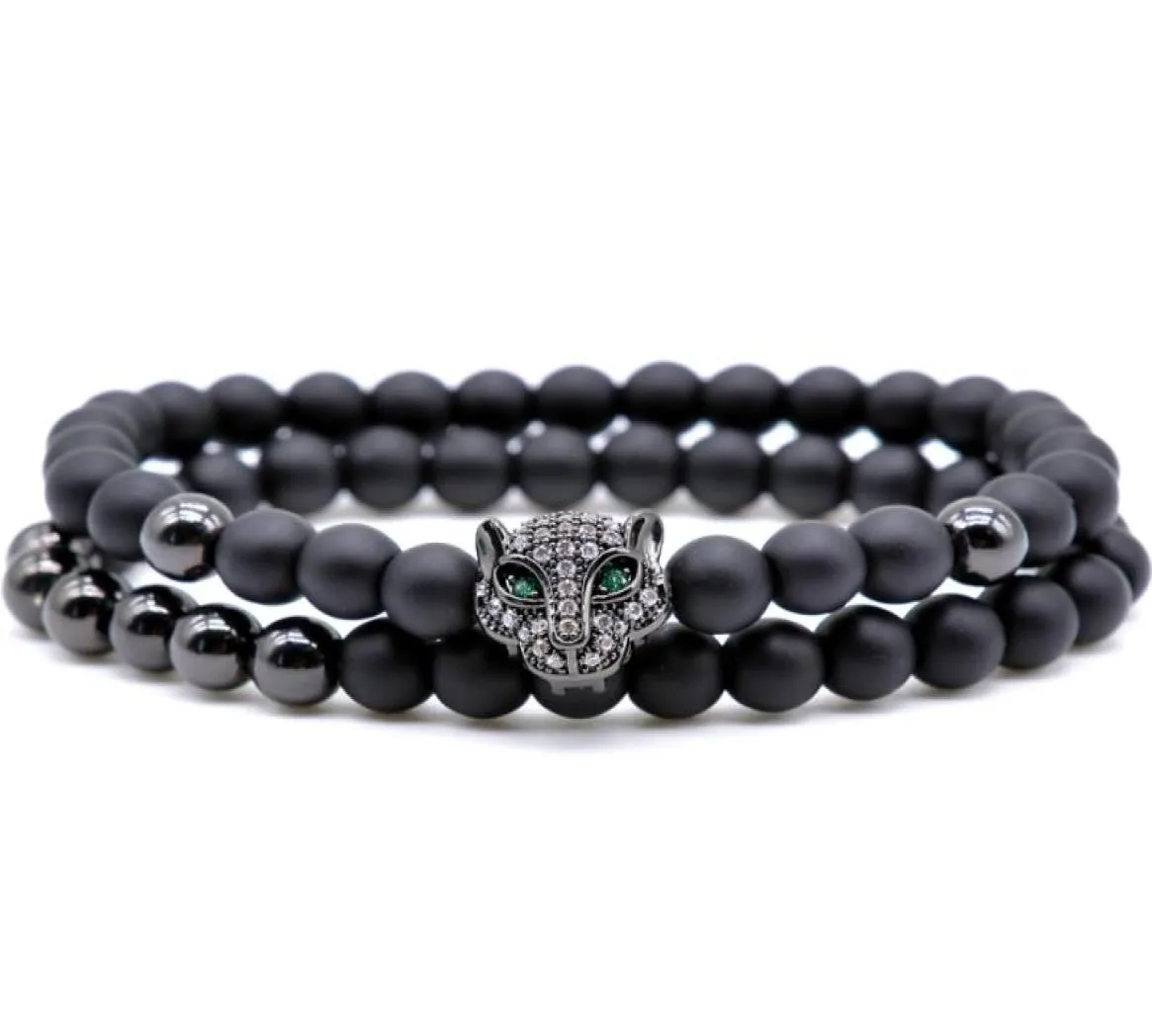 Bracelet à breloques tête de léopard deux en un, brins de 6 mm, perles d'agate naturelle noire, perle de péché pour homme Du Jinzhu9721470