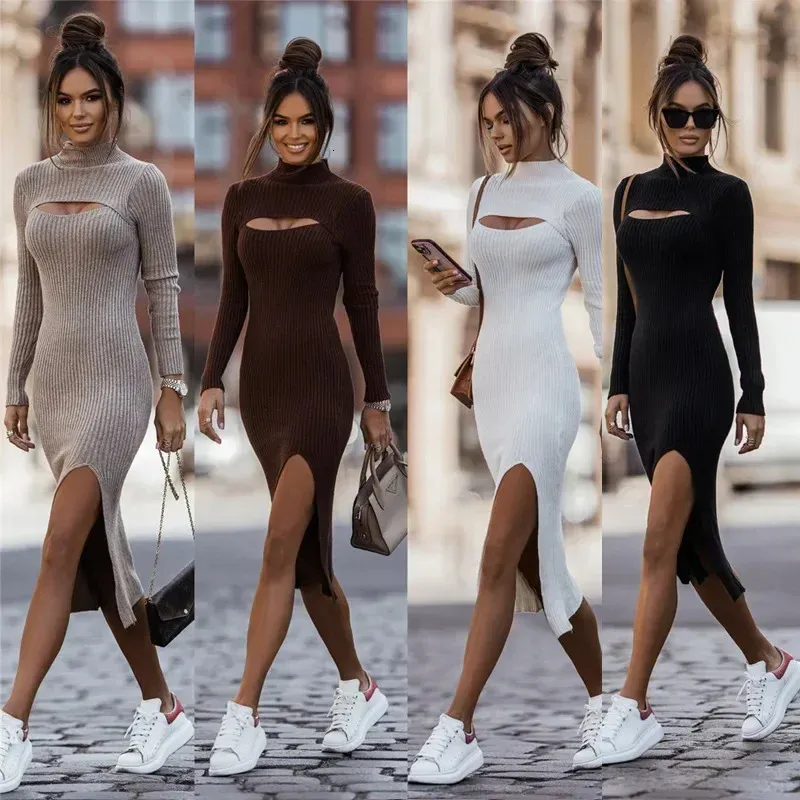 Sexy Bodycon -Kleid elegante lässige Bodycon lange Ärmel hoher Ausschnitt Strickgeschnittenes Midi -Kleid Rippen Midi Pullover Kleid 231225