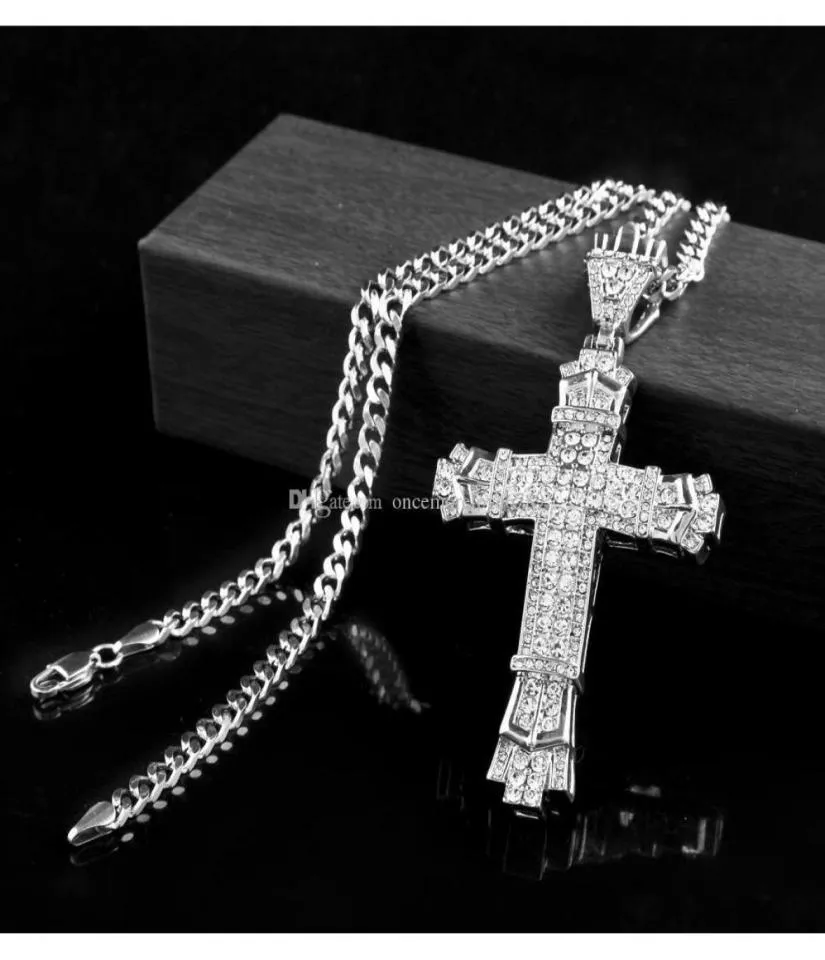 Silver Hip Hop Cross Charm Wisiant Full Ice Out CZ symulowany Diamonds Catholic Crucifix Naszyjnik z długimi kubańskimi skjfy8178207