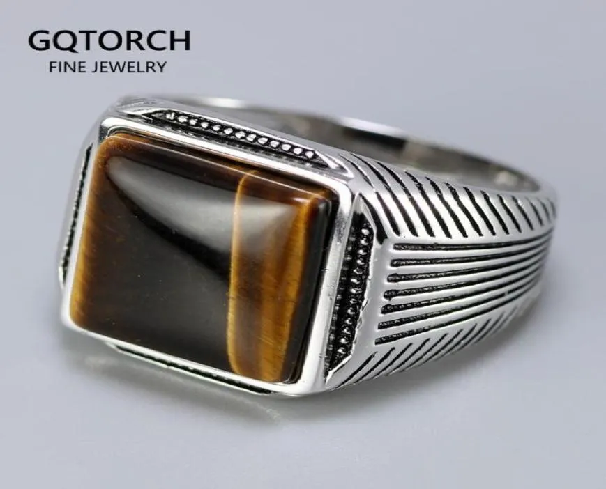 Authentieke Sterling Zilver 925 Man Ring met Tijgerogen Fijne Sieraden Streeppatroon Natuursteen Cool Retro Punk Ringen4776264