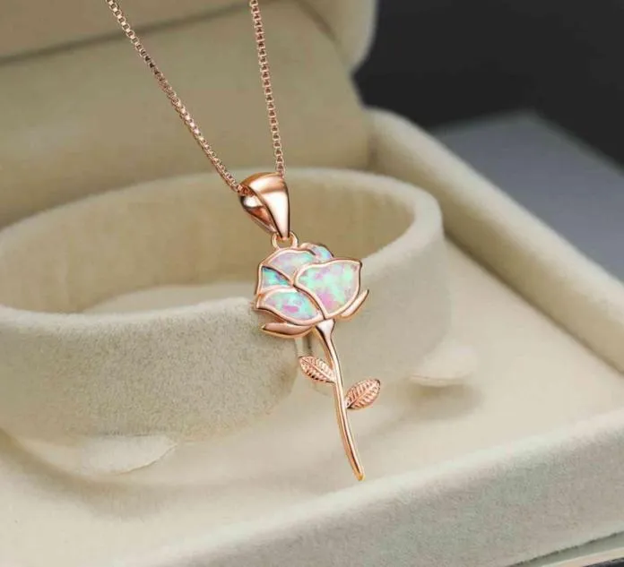 Collier avec pendentif fleur en opale blanche et or Rose pour femmes, une pièce, boîte romantique, chaîne, bijoux de cou de mariage, cadeau 8121373