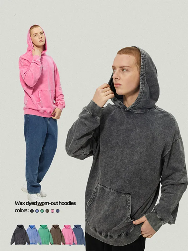 2024 Ren bomullstvätt för att göra gamla hoodie mode märke fritid retro sten mark stekt snö mäns ungdom