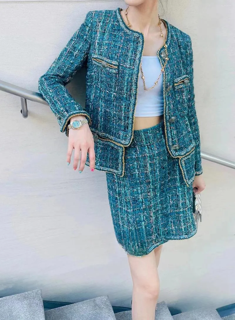 Women's Jackets Peacock Blue Jacket Tweed CC Coat Elegant Wool Material Autumn Winter 2023