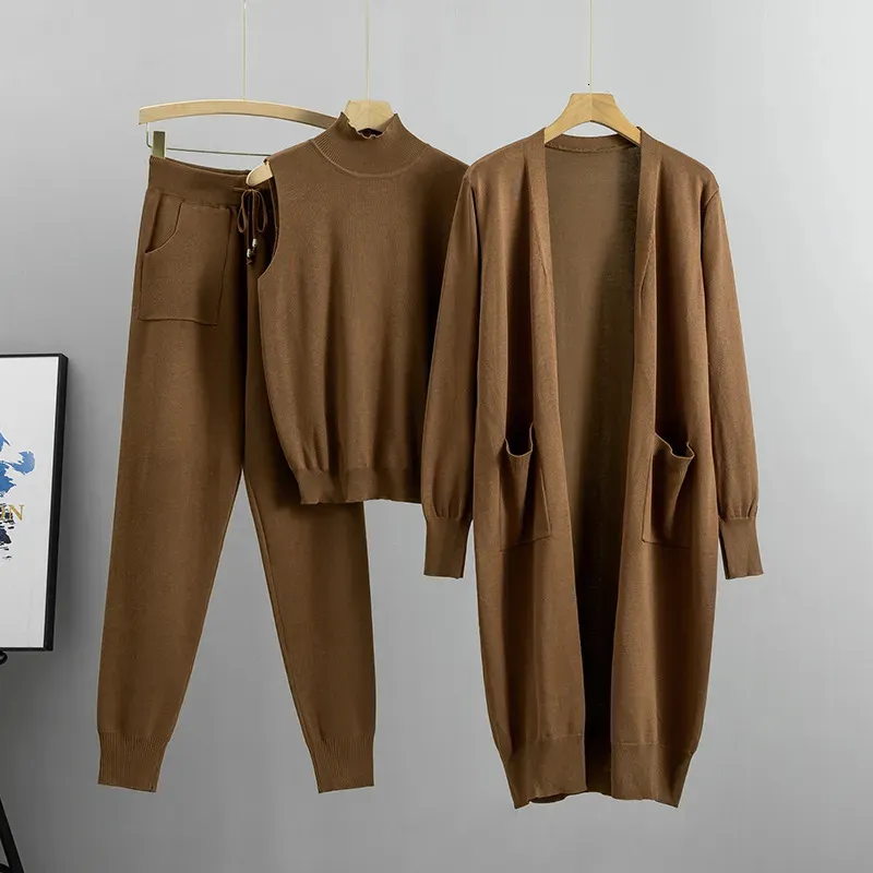Mode femmes pull 3 pièces ensemble survêtement automne Long Cardigan manteau demi col roulé gilet pantalon tricoté costumes tenues 231225
