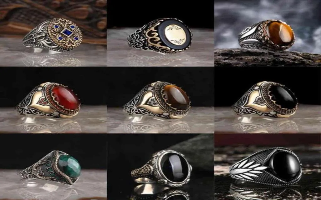 New Retro Turkish Handmade Silver Color Men Rings Vintage Carved Hollow Pattern Black Zircon Stone for Women Punk Jewelry28410941877427