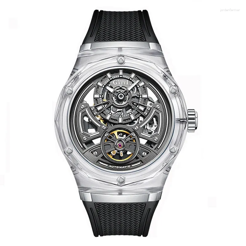 Montre-bracelets Bonest Gatti Men Automatic Watch Transparent Case mécanique Mécanique 3ATM LUMINEL FLUORORUBBER STRAP SKELETON DIAL