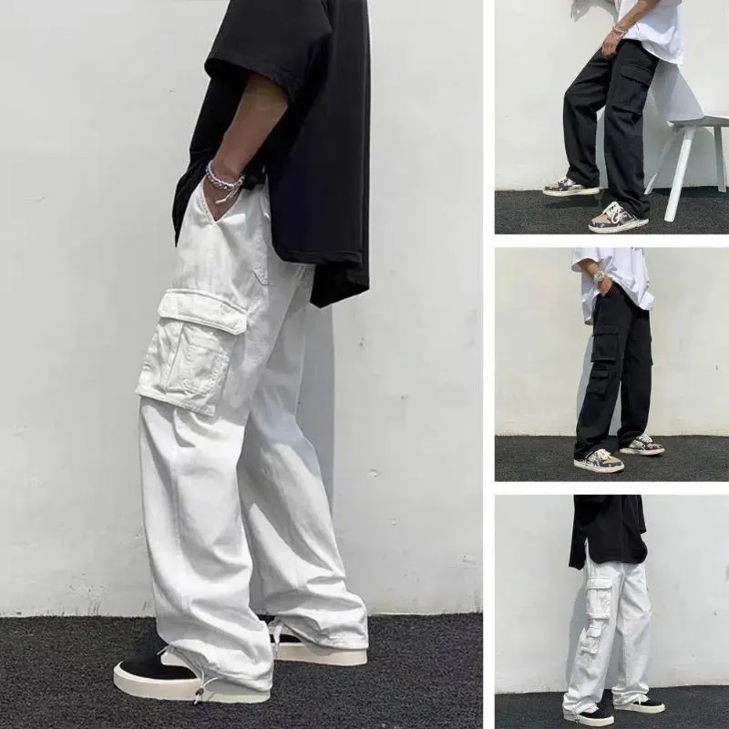 Herrbyxor män last streetwear med multi fickor bred ben mjukt andningsbar tyg hiphop -stil mitt för urban