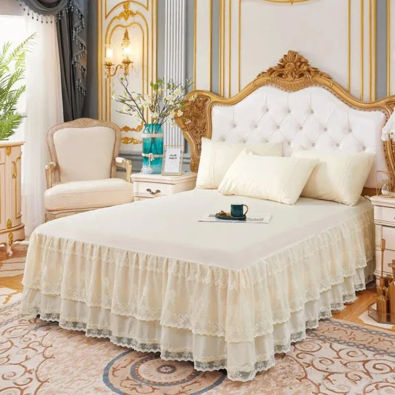 3 lager säng kjol spets rufsed couvre tänd sovrum täcke med yta nonslip madrass sängkläder säng bättre 231222