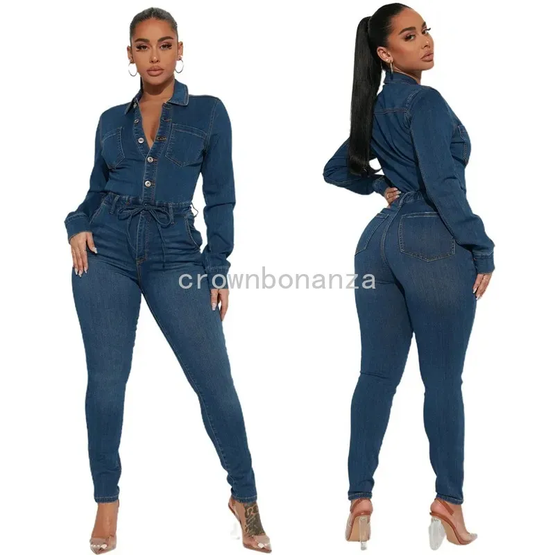 2024 Designer autunno inverno salti in jeansuit da donna a manica lunga vagano jeans casual collare a turno