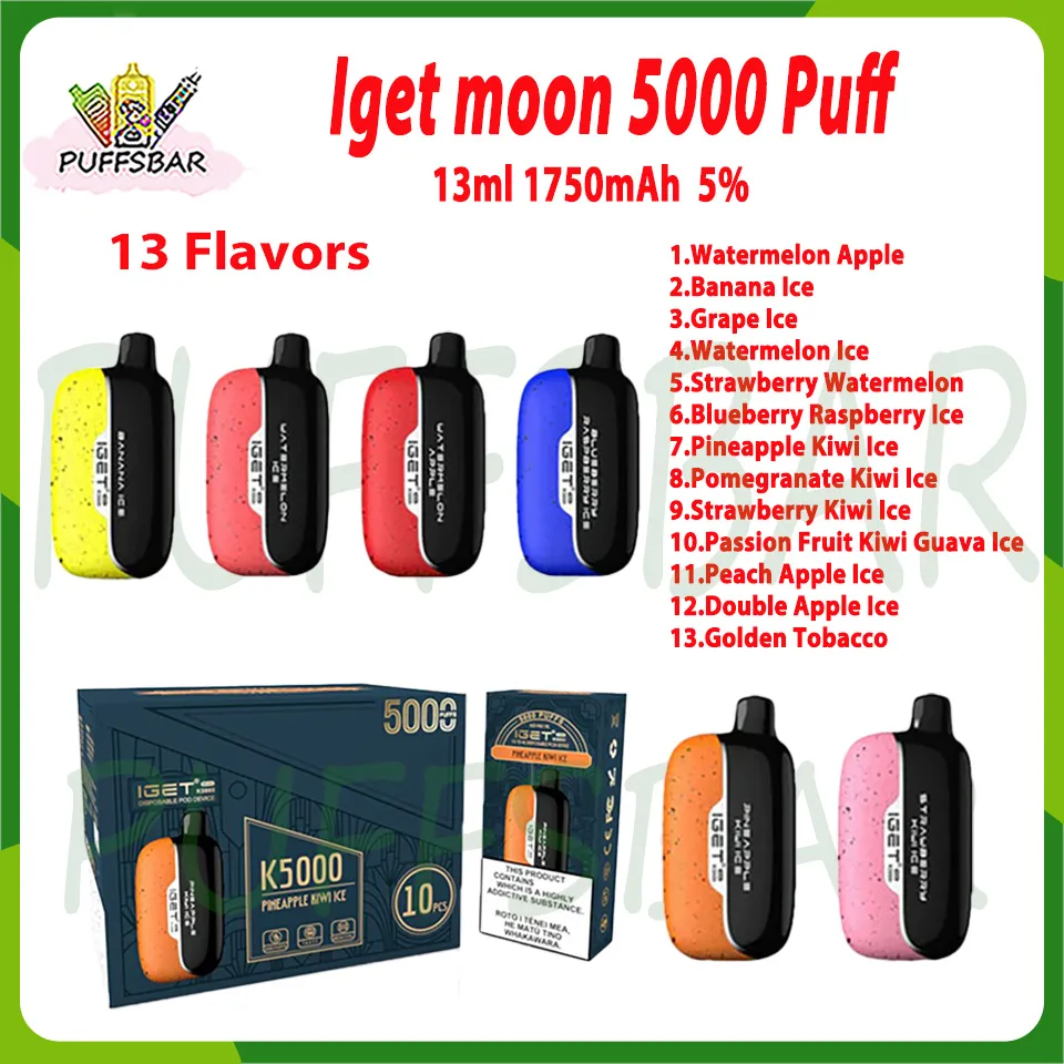 Original IGET Moon 5000 Puff Einweg-Vape-Stift, 13 ml vorgefüllte Pods-Kartusche, 1750 mAh wiederaufladbarer Akku, 13 Geschmacksrichtungen, E-Zigaretten-Puffs, 5K-Kit