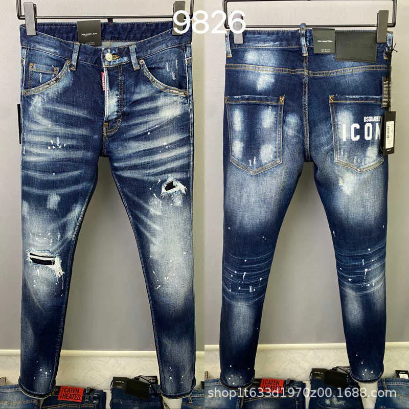 Tasarımcı 9826 Tip 2023d2 Kare harfli cep delikleri ve küçük düz bacak moda kot pantolonlu erkek denim pantolon
