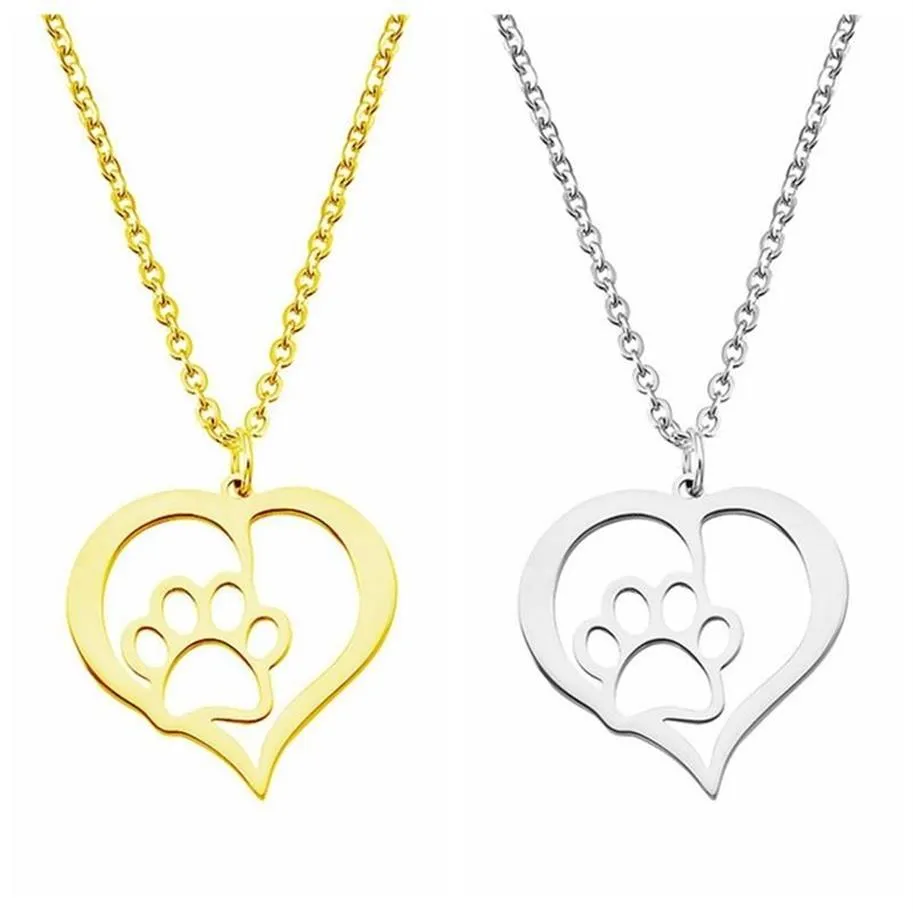 Women Stainless Steel Necklace Dog Paw Love Heart Design Hollow Choker Pendant Necklaces Silver Gold Color Fashion Engagement Jewe224T