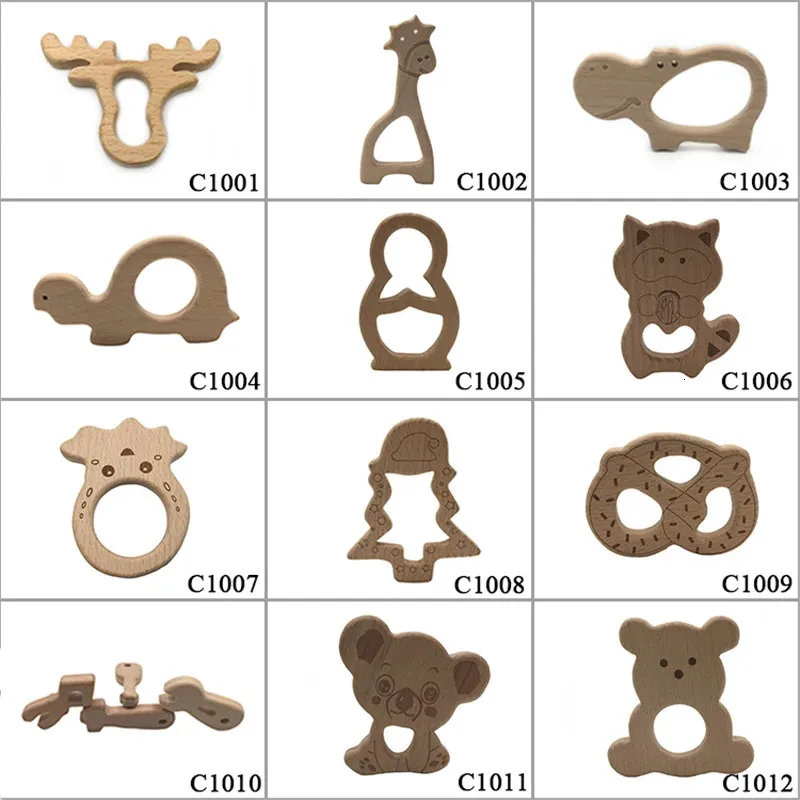 10pcs Safe Kara Teething Baby Teether Cute antlers Design Wooden Ring Animal Shape Toy handmade wooden teether-giraffe teether 231225