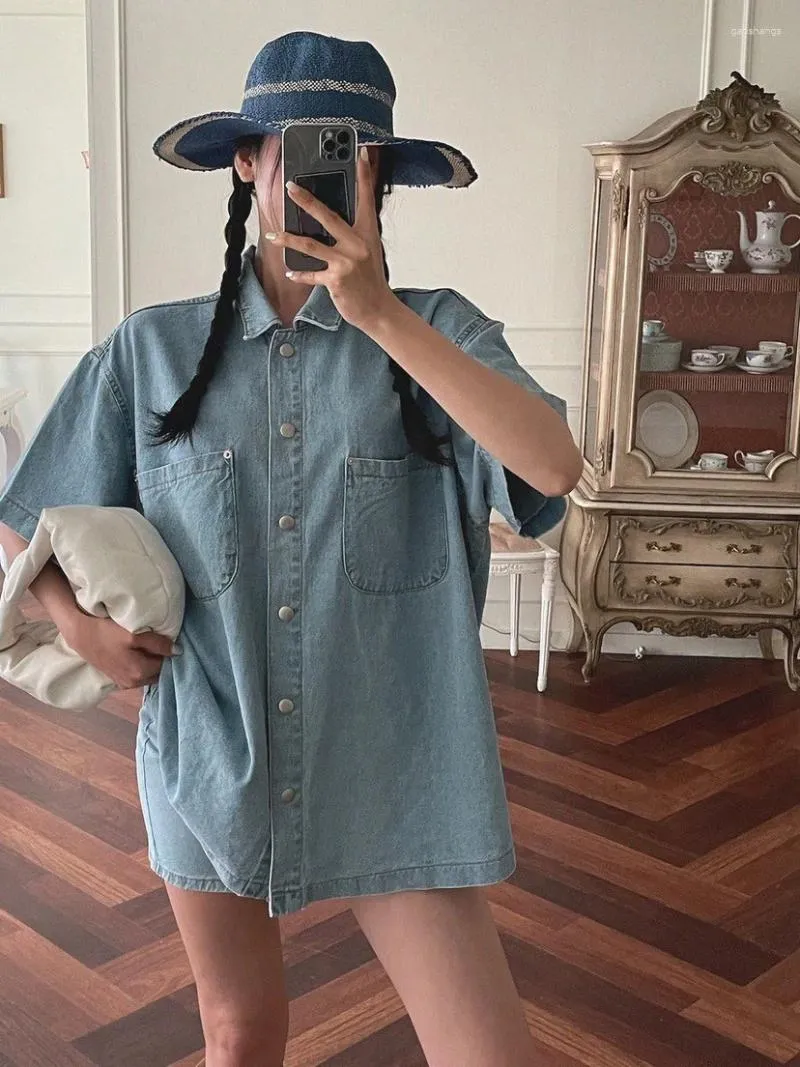 Frauenblusen 2023 Korean Chic Summer Shirts Stil Polo Hals Denim Kurzarm Shirt Lose vielseitige Top Outwear Frauen Kleidung