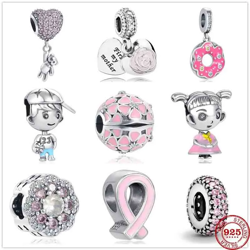 925 STERLING Silver Charm Rose Girl Boy Rose Pink Sparkle Clip Clip Perle Fit Pando Charmes Bracelet Bijoux DIY ACCESSOIRES