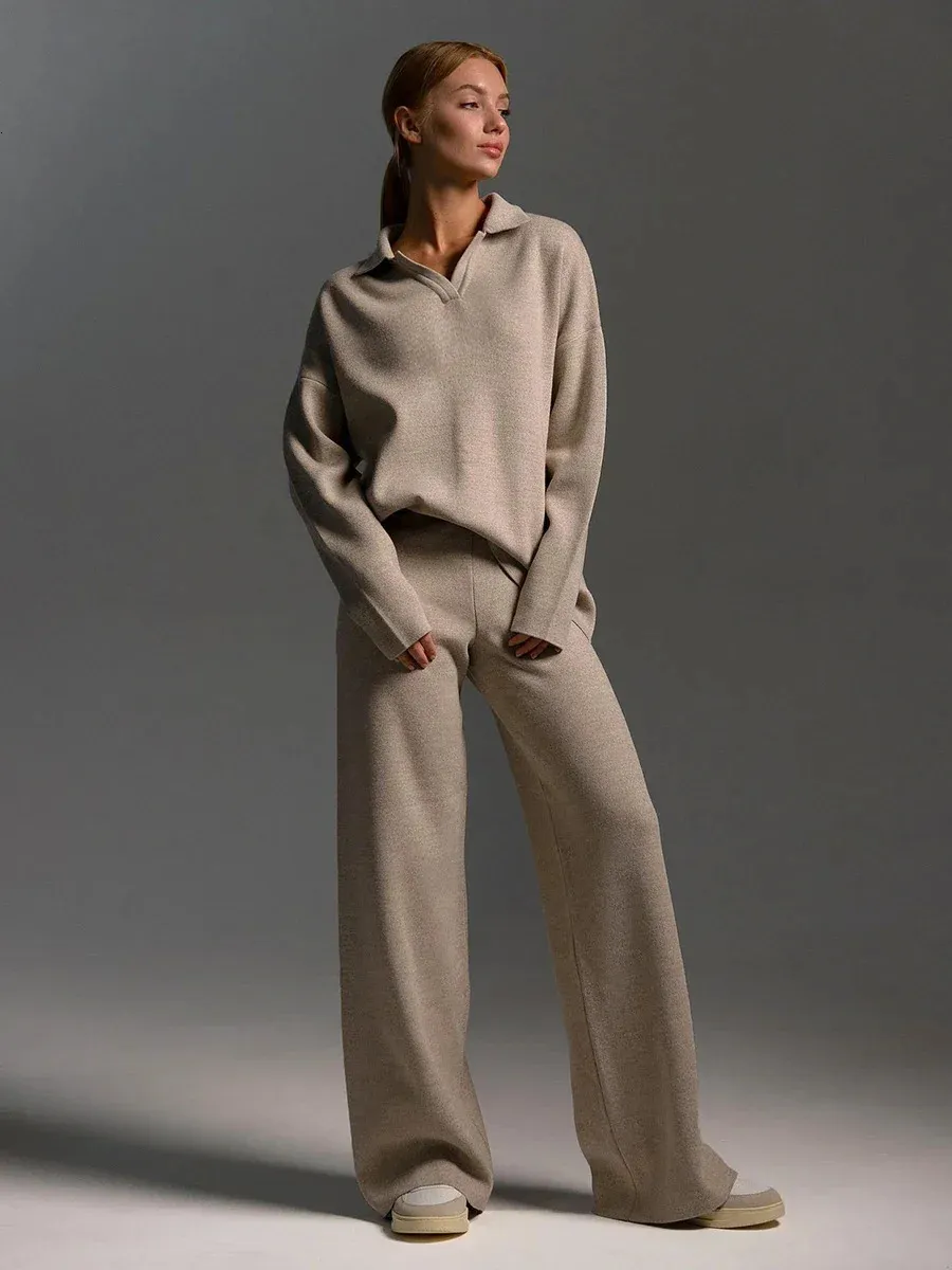 Loungewear Wide Leg Sweater Pants Set Knitted V Neck Top And