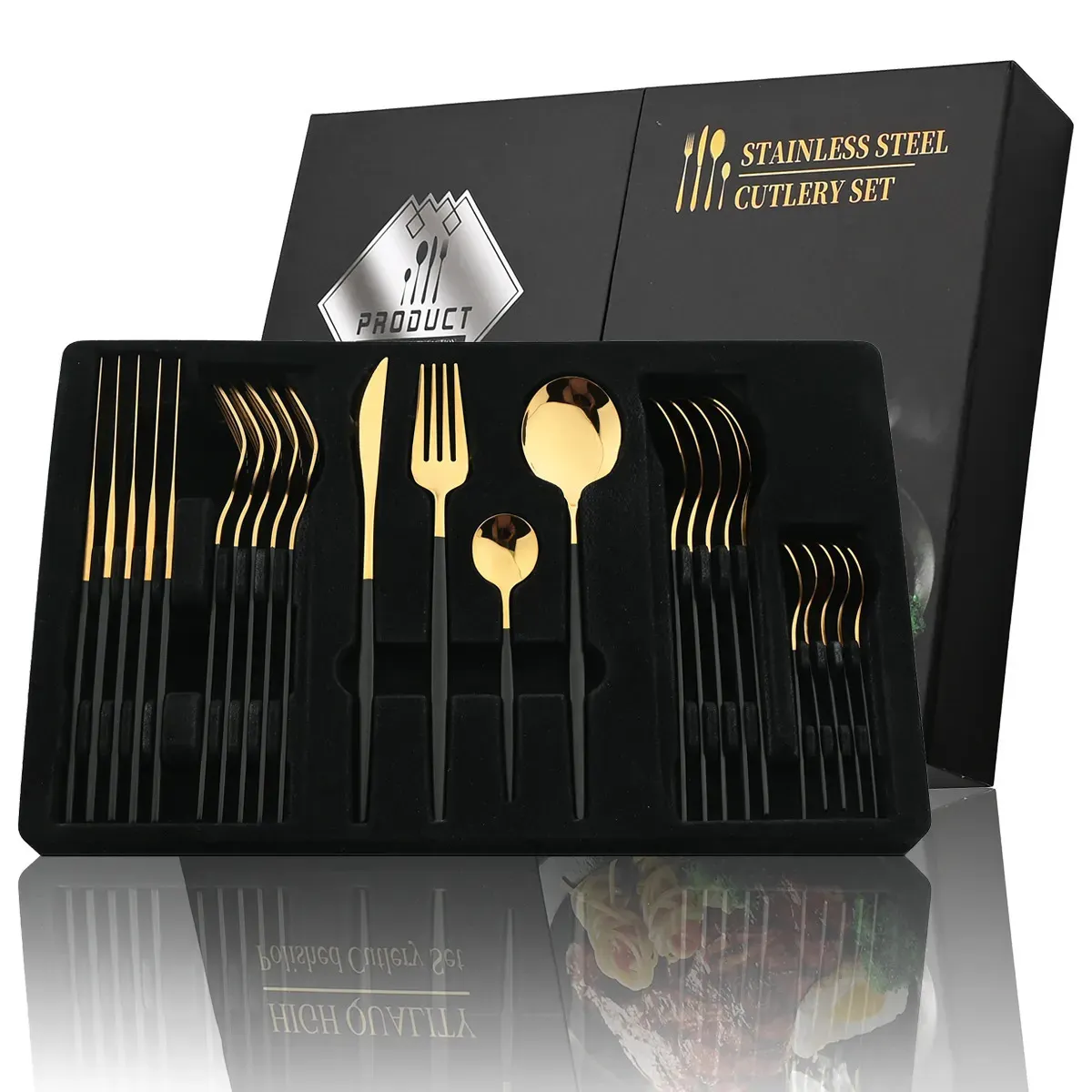 24Pcs Black Handle Golden Cutlery Set Stainless Steel Knife Fork Spoon Tableware Flatware Set Festival Kitchen Dinnerware Gift 231222