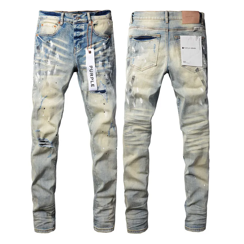 Designer för män mager motorcykeltvätt vintage lapptäcke dot byxor lila märke jeans e2