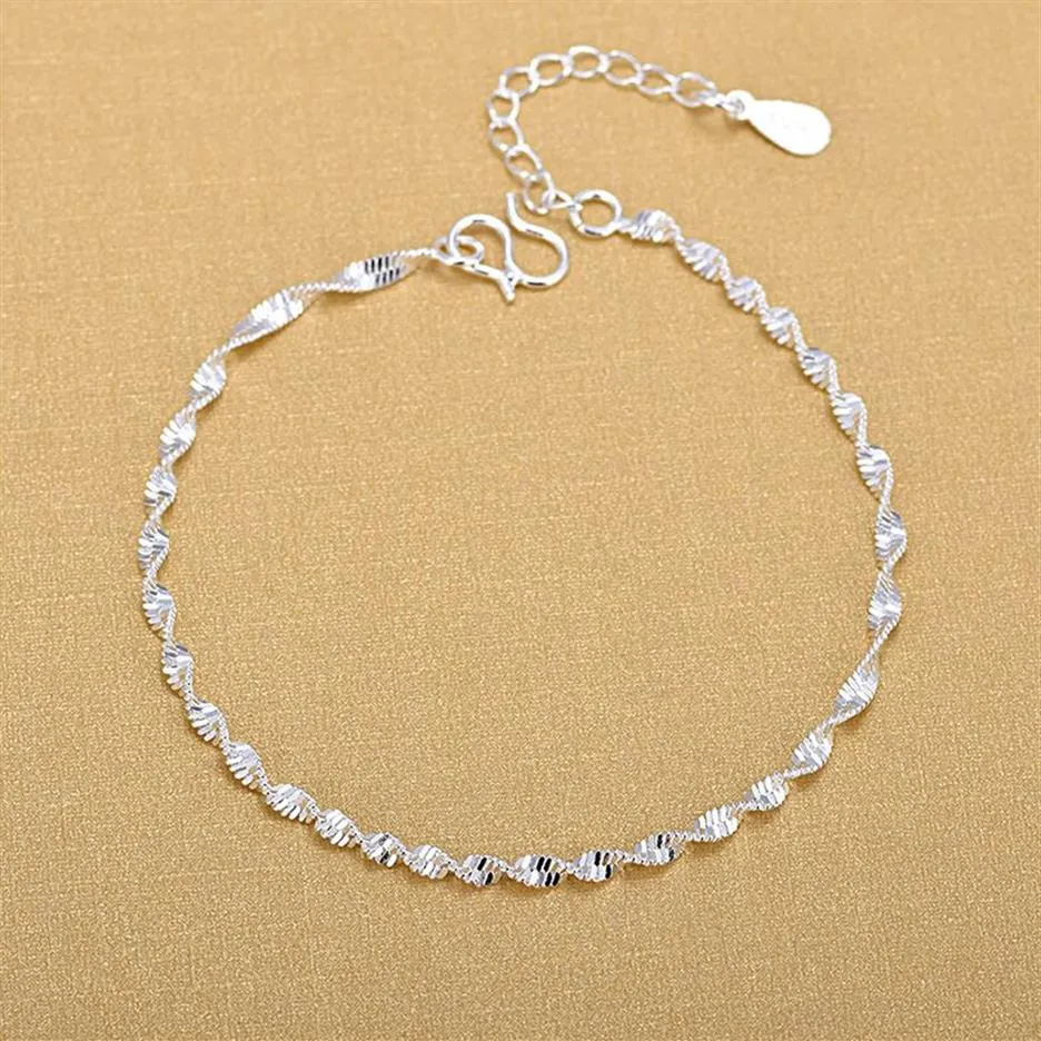 925 Sterling Silver Fashion Simple Elegant ED Link Chain Armelets smycken för Woman Wave Anklet Gifts257Z