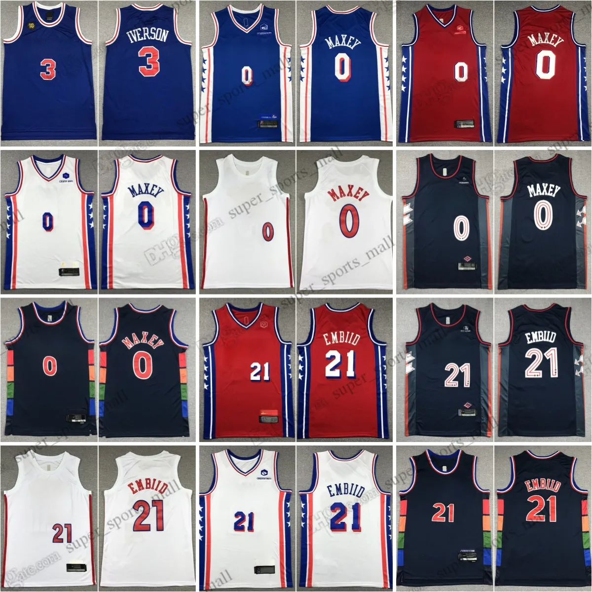 2023-24新しいバスケットボールジャージJoel 21 Embiid Stitched Jersey 3 Allen 0 Tyrese Iverson Maxey