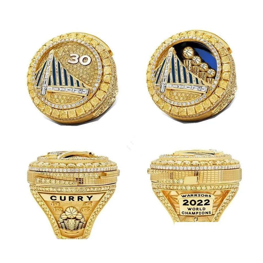 Three Stone Rings 2022 Curry Basketball Warriors Team Championship Ring With Wooden Display Box Souvenir Men Fan Gift Jewelry Drop De Dhtq3