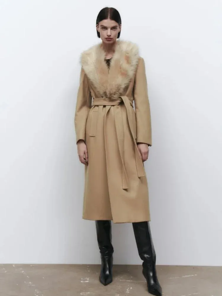 RR1534 Camel Detached Big Fake Fur Collar Wool Blends Coats Womens X Long Loose Winter Wool Jackets Belt Tied On Waist Outwear 231225