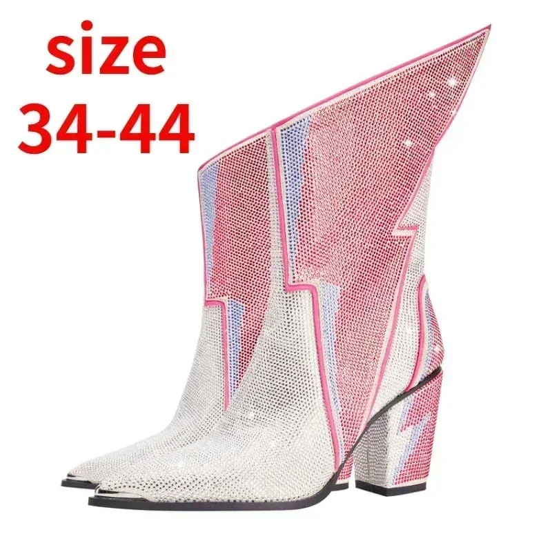 Vintermodet Rhinestone Ankle Boots For Women Elegant High Heel Western Cowboy Boats Party Designer Big Size Shoes 43 231225