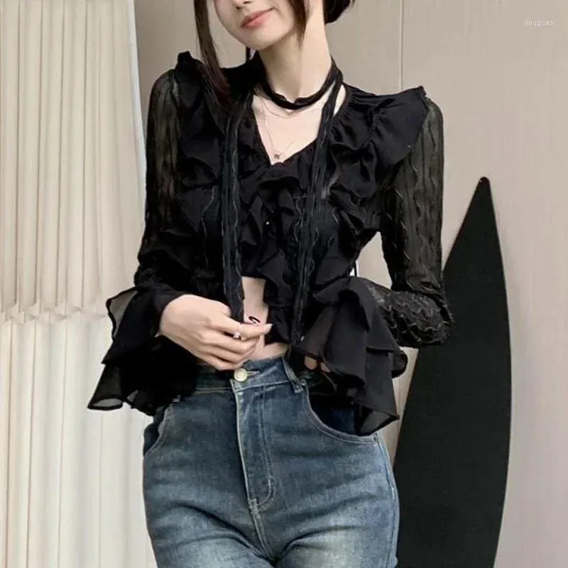 Женские блузки модная сетчатая сетчатая рукав Женская блузка Slim Fit Casual High Street Vintage Black Frunt Women Ruffle Sexy Tops 30396