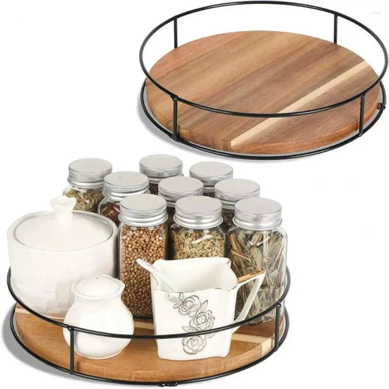 Tea Trays Wooden Turntable Organizer Kitchen With Steel Sides For 360 Degree Rotating Cabinet Pantry