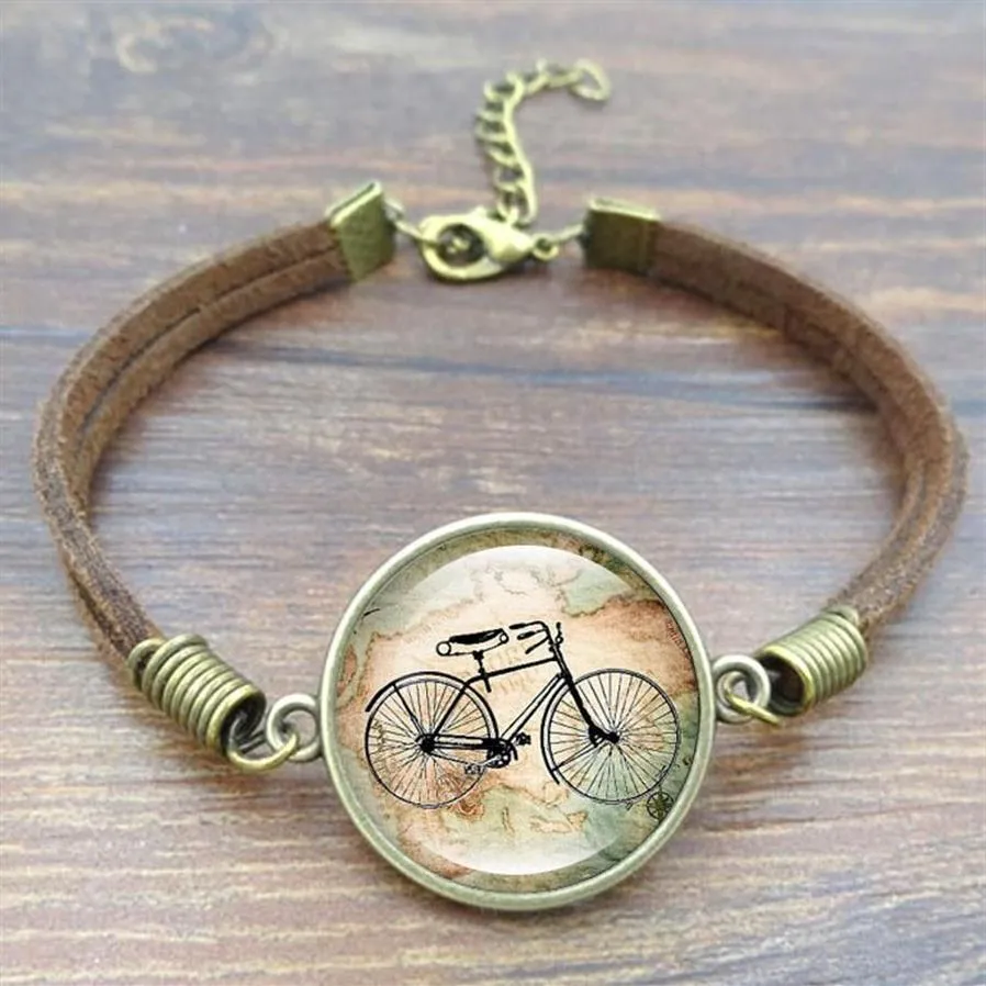Childhood Memory Retro Bicycle Time Gem Charm Bracelet Coffee Color Genuine Leather For Women Men Gift BangleBangle Bangle209o