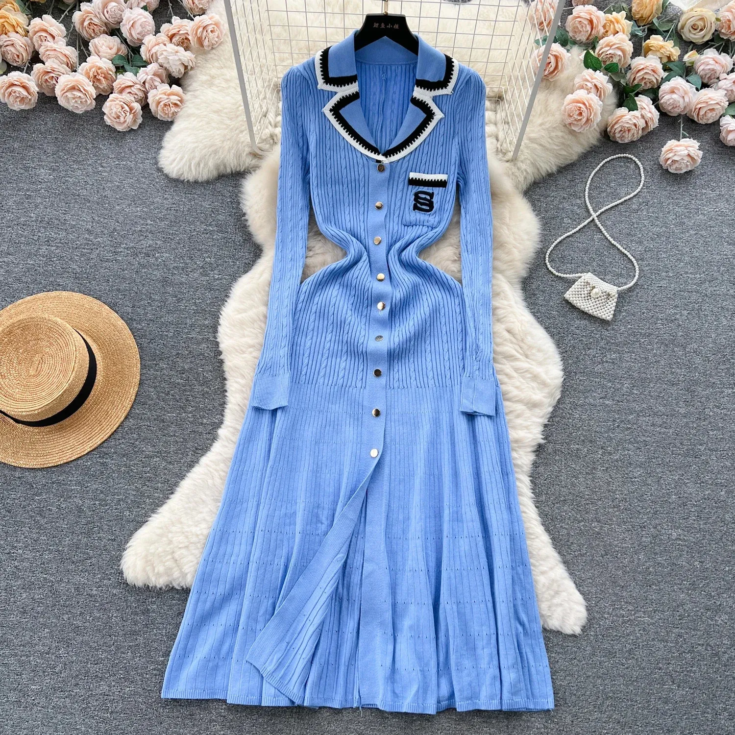 Elegant V Neck Single Breasted Embroidery Long Sleeve Knit A-line Dress Slim Fashion Sweater Sexy Women Autumn Winter Clothing 231225
