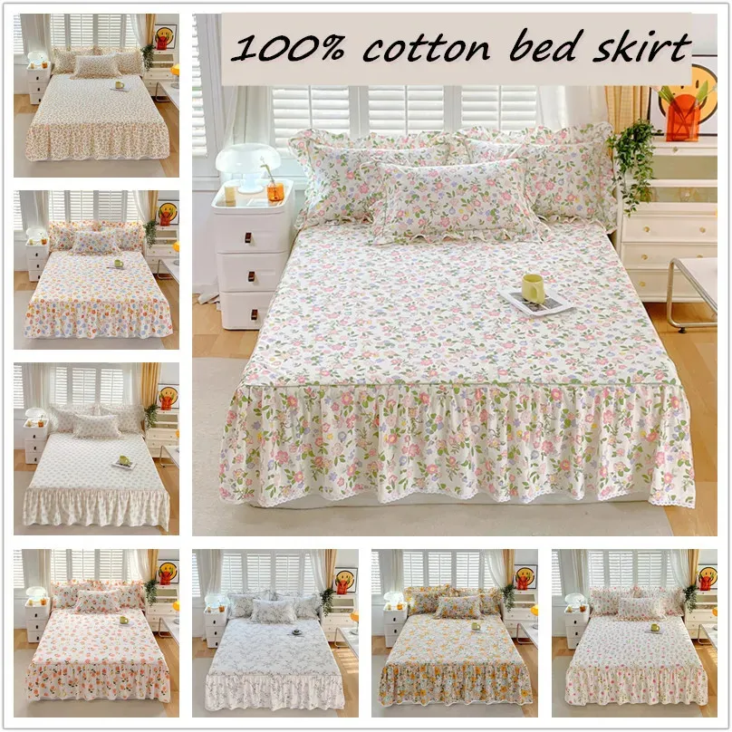 100% bawełniana spódnica łóżka Colcha de caPee Queen Floral Style Bedspread Girls Room Lace Mattress Cover 120x200 Pillowcase Need Order 231222