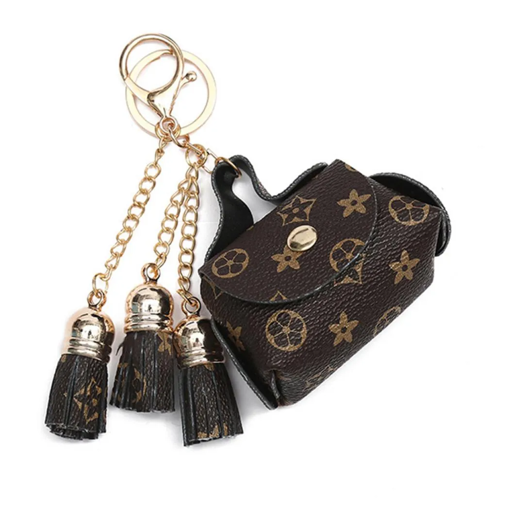 Leather Pouches Keyring Rings Jewelry Brown Flower Plaid Tassel Coin Purses Car Key Chains Holder Cute Fashion Design Women Bag Pe1449598