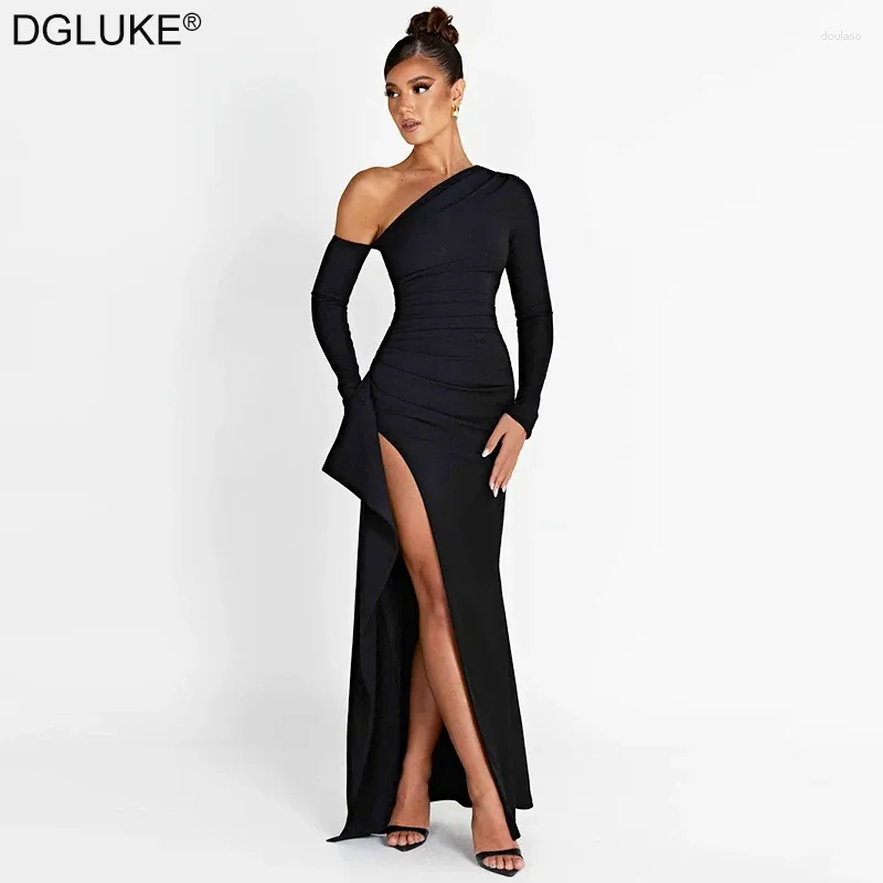 Casual jurken één schouder lange mouw zwarte jurk feestavond voor dames elegante jurk rugloze ruche maxi herfst winter