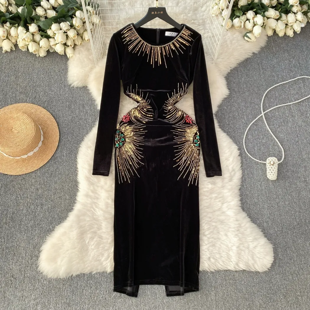 A Line Empire Waist Dress, Gold Sequin Long Sleeve Dress: Elegant