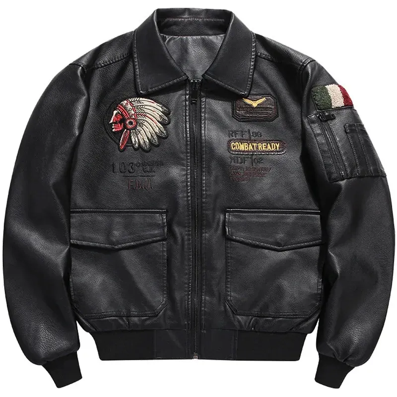 Automne hiver hommes moto veste en cuir revers Vintage broderie Locomotive vestes PU Biker manteau Streetwear mâle 231225